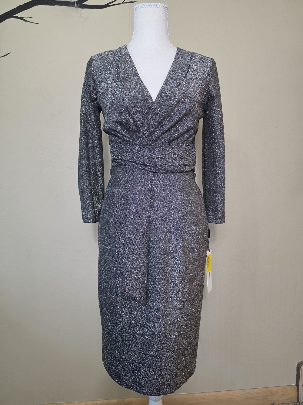 Calvin Klein Metallic Silver Wrap Sheath Dress | NWT |
